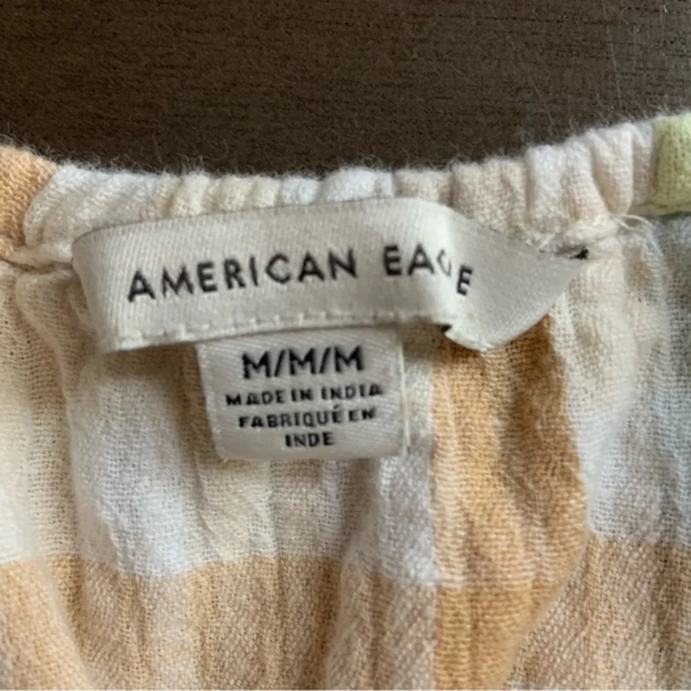 AMERICAN EAGLE Cotton Linen Plaid Smock And Roll‎ Tie Front Smocked Top Medium - Picture 9 of 10